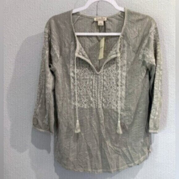 New Lucky Brand Embroidered Boho Mod Neutral Lagenlook Tassel Top - Picture 1 of 5